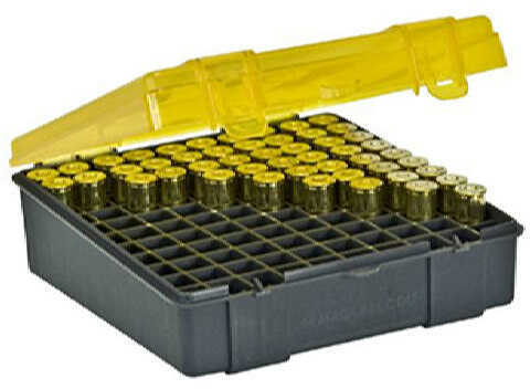 Plano Ammunition Box Ammo Case Holds 100 Rounds Flip Top .44-.45LC Charcoal/Yellow